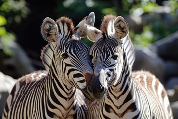 Fototapeta premium A pair of striped zebras posing side by side