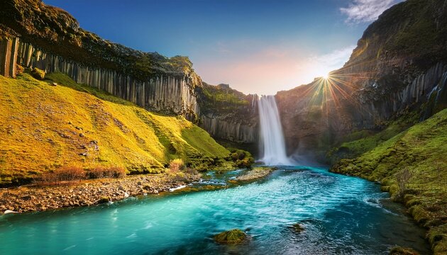 majestic waterfall deep canyon rugged cliffs turquoise river golden sunlit rock faces dramatic landscape iceland scenery wide angle shot realistic rendering vibrant colors misty atmosphere
