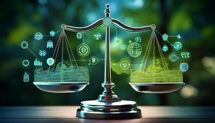 a balance scale displays digital symbols of technology and sustainability conveying the importance of harmony between the two concepts generative ai