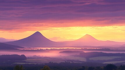 Vibrant sunrise over misty valley and two majestic volcanic mountains.