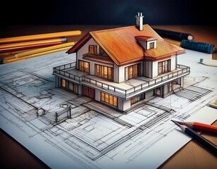 detailed drawing of a house sitting on top of blueprints showcasing the design process of a project renovation sketch with plans and design ideas generative ai