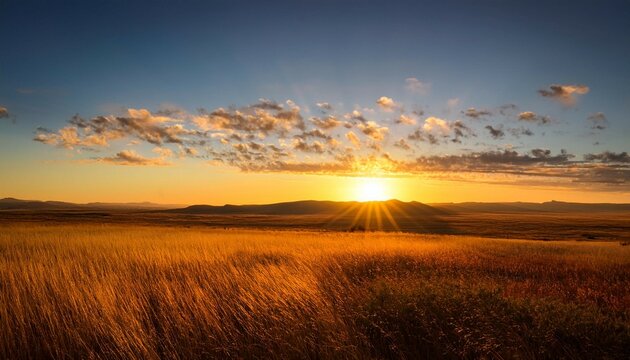 a stunning sunrise over the great plains illuminating golden grasses and a tranquil landscape in the early morning light - Powered by Adobe