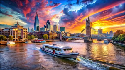 Naklejka premium Surreal London Thames Clipper Boat: Dreamlike September River Scene