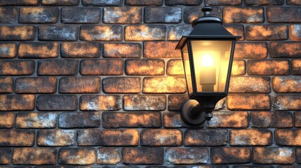 Vintage lantern illuminating brick wall in a cozy outdoor setting at dusk. Generative AI