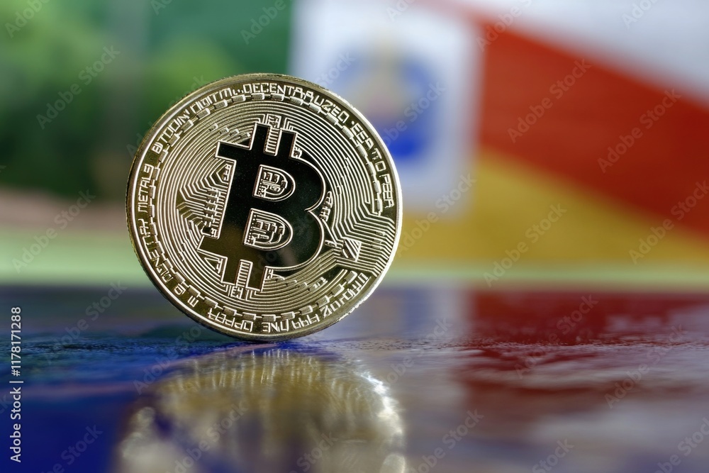 Poster a single bitcoin coin sitting on a table with a calm and professional atmosphere