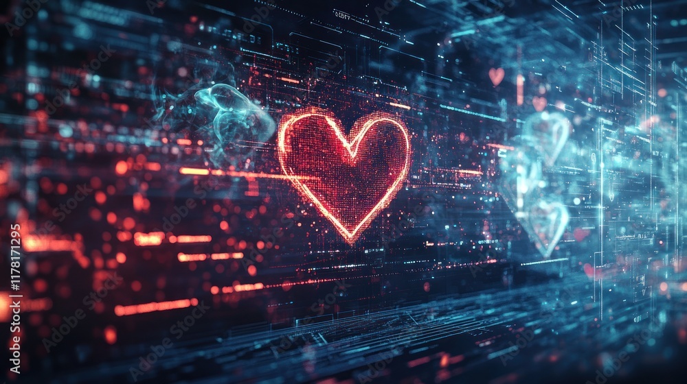 Poster digital hearts glowing in a vibrant virtual landscape of interconnected data streams. generative ai