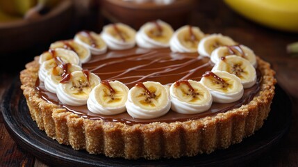Decadent banana caramel tart with creamy topping and biscuit crust presented on a dark wooden table. Generative AI
