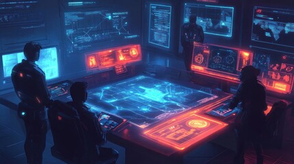 A futuristic control room with holographic displays and operators analyzing data.