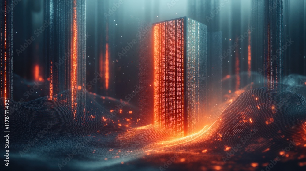Aufkleber Digital landscape with glowing binary code tower and abstract light patterns at dusk. Generative AI