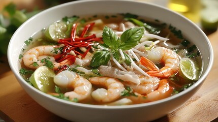 Shrimp soup with herbs and lime served in a bowl on a wooden table in a cozy kitchen. Generative AI