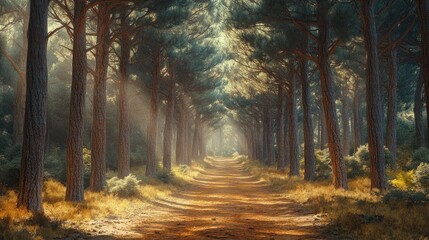 Fototapeta premium Serene forest pathway illuminated by soft sunlight filters through tree canopy. Generative AI