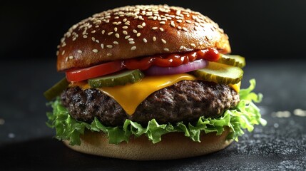 Juicy cheeseburger with fresh vegetables served on a sesame seed bun in a dark setting. Generative AI