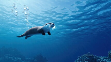 Fototapeta premium A playful otter swimming in a clear blue ocean.