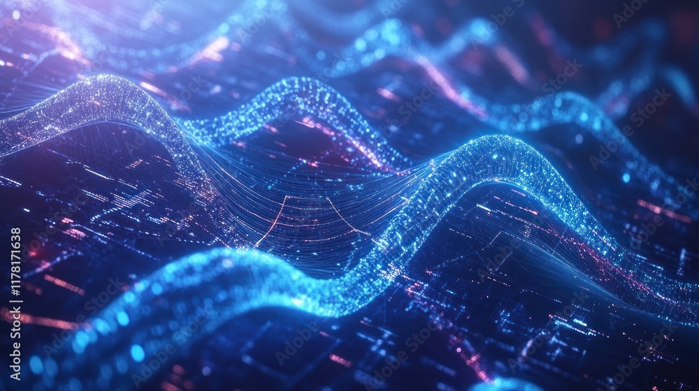Poster digital waves displaying vibrant light patterns in a futuristic cityscape at night. generative ai
