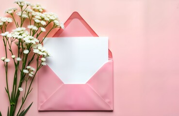 Pink envelope with white sheet of paper inside. White gypsophila flowers lay beside the envelope on a pastel pink background. Perfect for a birthday party invitation. Stylish and elegant design.