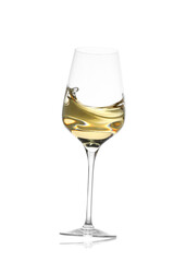 Tasty wine splashing in glass on white background
