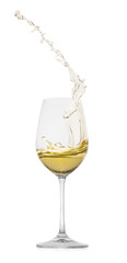 Tasty wine splashing in glass on white background