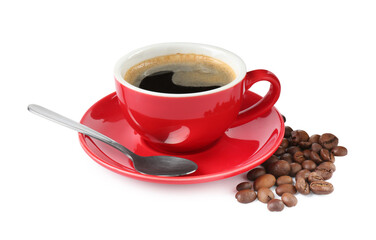 Red cup of aromatic coffee, saucer, spoon and beans isolated on white