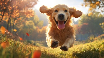 Happy golden retriever running joyfully through a colorful autumn park on a sunny day. Generative AI