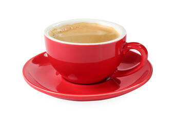 Red cup of aromatic coffee and saucer isolated on white