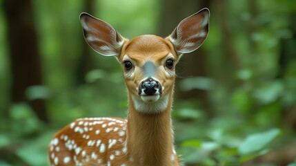 A young deer looks directly at the camera in its natural habitat