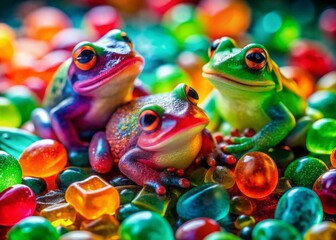 Naklejka premium Surreal Macro Photo: Green, Pink & Blue Chewing Marmalade Candy Frogs