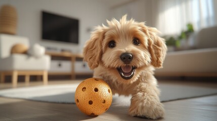 Happy puppy enjoys playing with a bright orange ball in a cozy living room setting during the afternoon. Generative AI