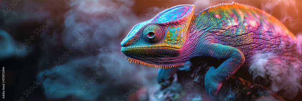 Poster a chameleon blending into its environment, surrounded by abstract shifting colors and textures, repr