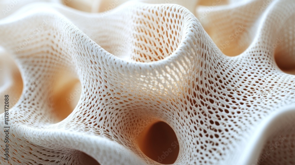 Poster intricate texture of a porous material showcasing its soft, wave-like structure in natural light. ge