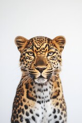 Fototapeta premium A close-up shot of a leopard's face on a white background, great for use in wildlife, conservation or animal-themed projects