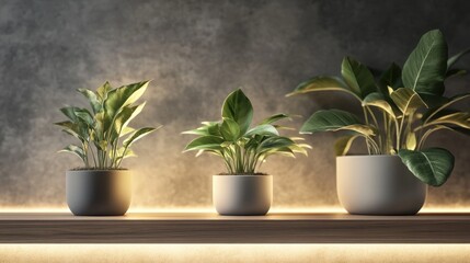 Indoor plants arranged on a wooden shelf illuminated by soft lighting in a cozy environment. Generative AI