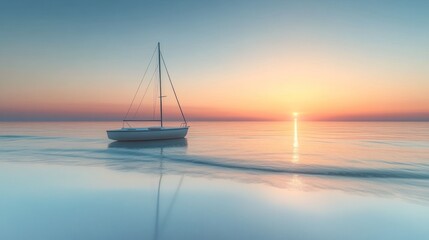 Fototapeta premium Tranquil sailboat at sunset on calm waters with colorful sky reflections. Generative AI