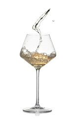 Tasty wine splashing in glass on white background
