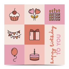 Cute pastel birthday cover, poster, greeting card, label, flyer, banner, with colorful icons, vector illustration