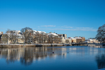 Norrköping waterfront Saltängen along Motala Stream during early January 2025. Norrköping is a historic industrial town in Sweden.