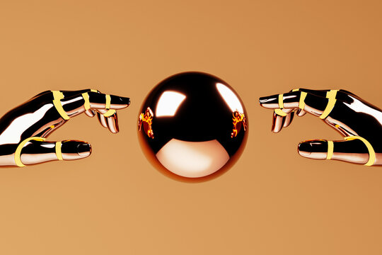 Metallic robotic hands cradle a shiny sphere in an elegant display