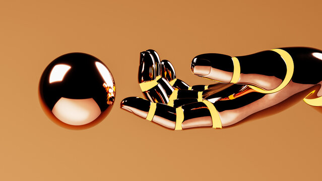 Metallic robotic hand grasping a shiny sphere in a futuristic setting