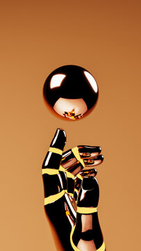 Metallic robotic hand grasping a shiny sphere in a futuristic setting