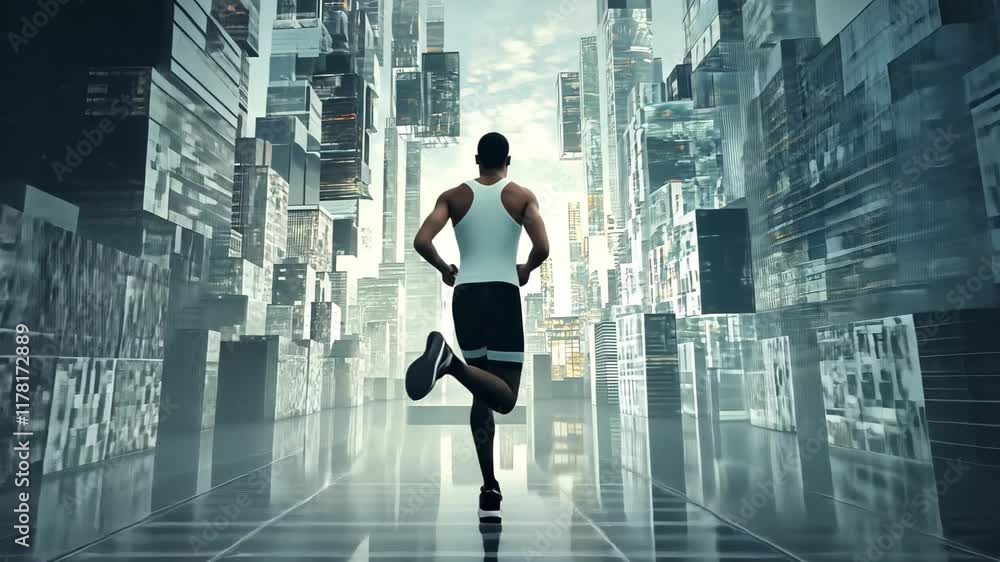 Poster futuristic athlete sprints through an abstract cityscape filled with dazzling structures and dynamic