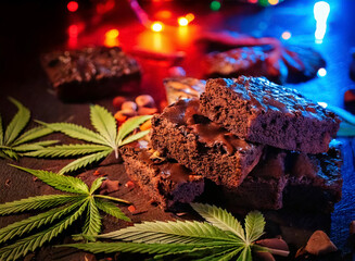 Bunte Cupcakes und drumherum liegen Cannabisbl&auml;tter