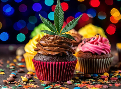Bunte Cupcakes und drumherum liegen Cannabisbl&auml;tter