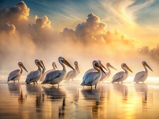 Fototapeta premium Surreal Pelicans in Misty Waveland, Mississippi: Dreamlike Coastal Fog