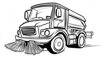 A street sweeper truck line art illustration ideal for coloring books activity sheets or municipal-themed designs.  Its simple lines make it easily customizable.