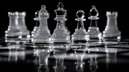 Glass Chess Pieces Reflecting on a Wet Board