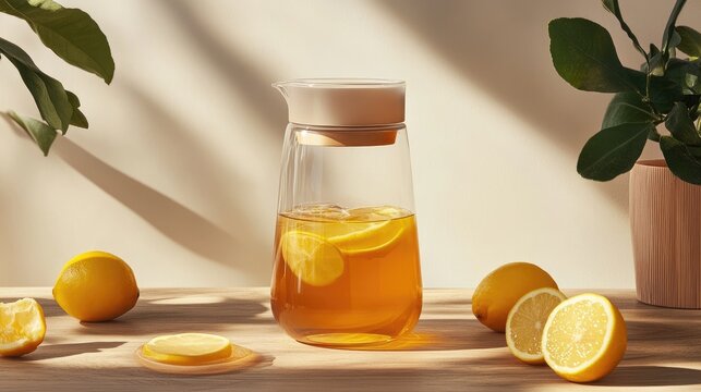 A clear glass carafe filled with iced tea, surrounded by lemon slices on a wooden table.