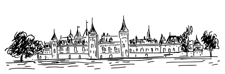 Obraz premium grand castle with towers and trees hand-drawn illustration