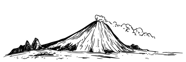 smoking volcano landscape with rocky terrain hand-drawn illustration © Kaz