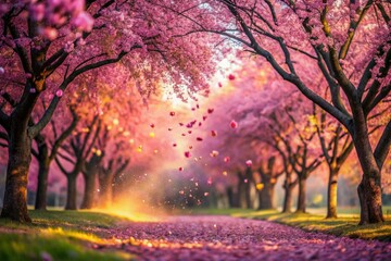 Fototapeta premium Surreal Pink Petals Falling from Windswept Tree, Dreamy Nature Background