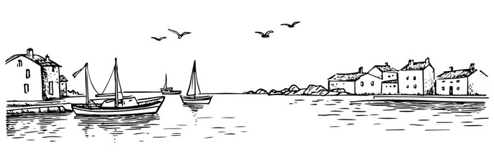 harbor scene with sailboats and coastal village, hand drawn sketch