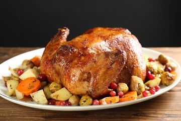 Delicious baked turkey, vegetables and cranberries on wooden table against gray background, closeup